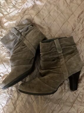 BCBG Taupe Suede Ruched Ankle Booties